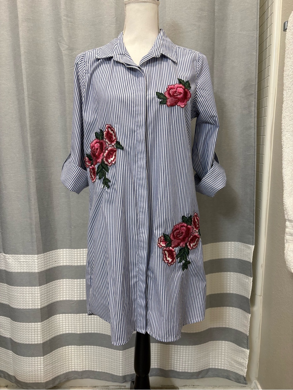 Striped Blue & White Shirt Dress with Pink Rose Embroidery